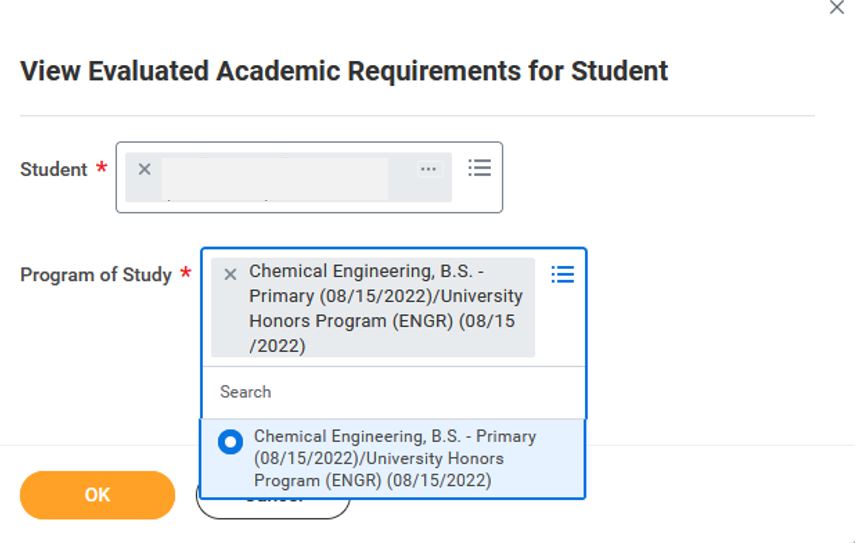 Image of View Evaluated Academic Requirements task window