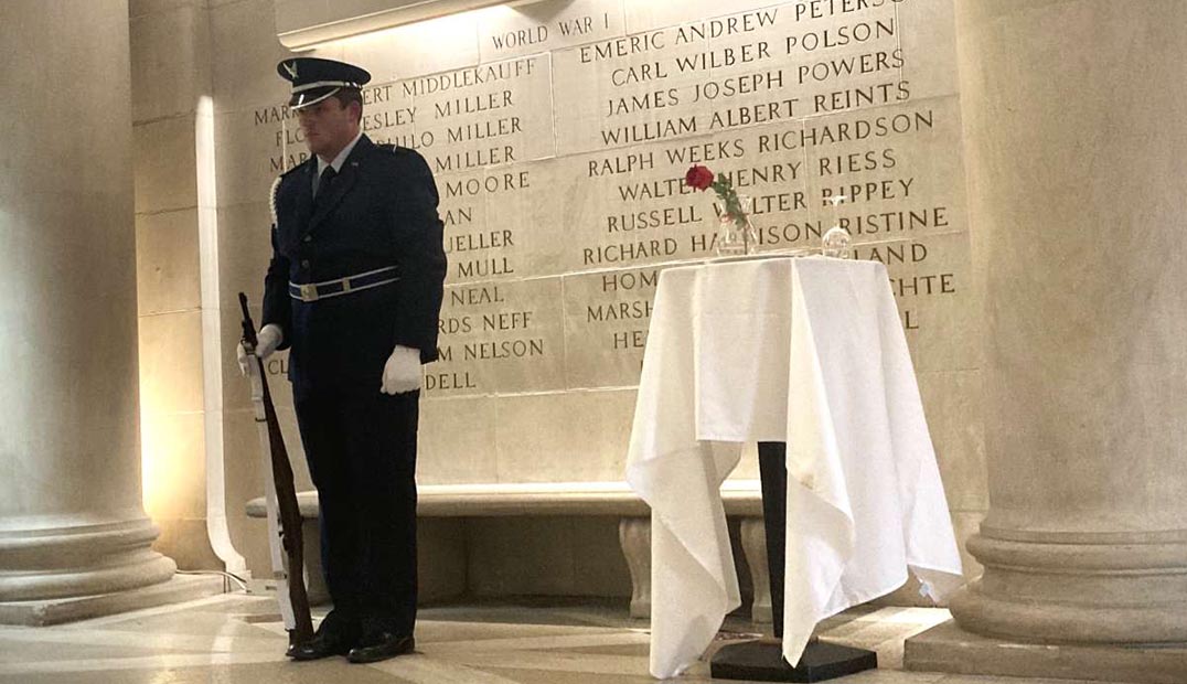 A military guard stands by in Gold Star Hall.