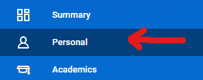 On the left hand column in your Workday profile, arrow points to the "Personal" tab.