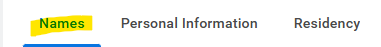 On the top row of the "Personal" tab on the Workday student profile, the "Names" tab is highlighted.