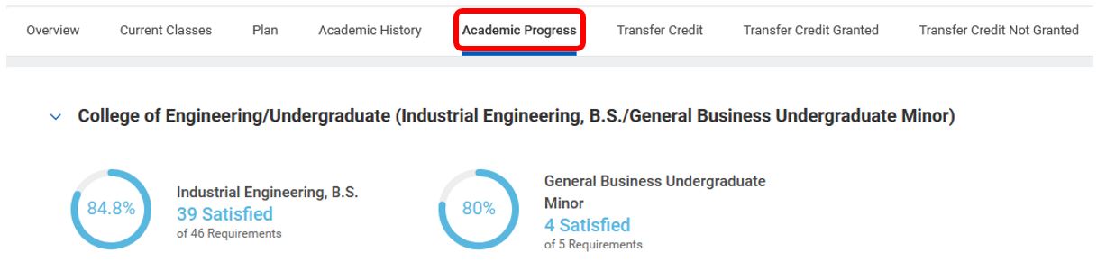 Image of top of screen navigation to Academic Progress Report on Workday student profile