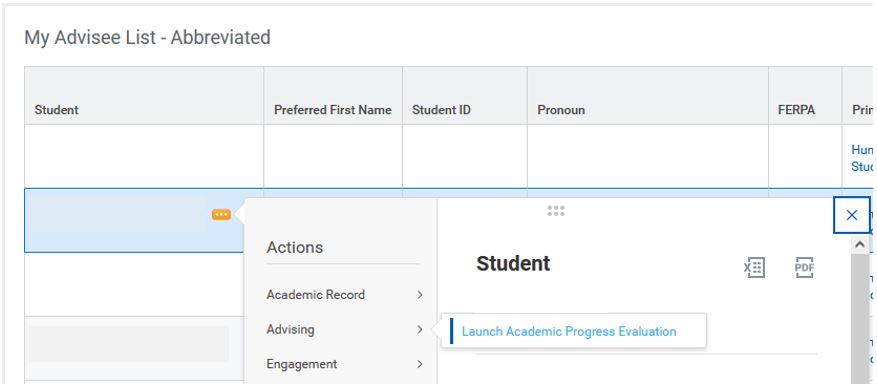 Image of launching Academic Progress Report from advisee list