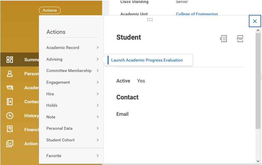 Image of launching the Academic Progress Report from the Workday student profile