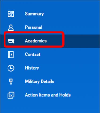 Image of navigation to Academics page on Workday's student profile.